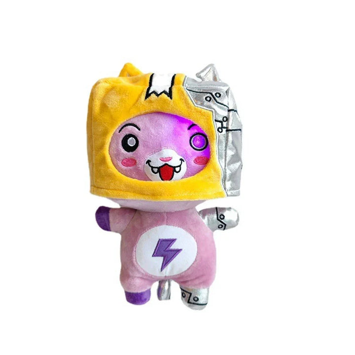 Lila Plüschfigur "Foxy" von LankyBox mit gelber Kapuze und Blitzsymbol, Kinder-Spielzeug.