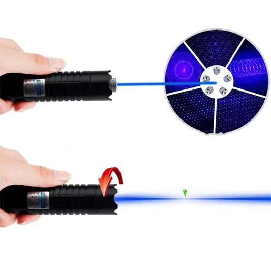 Schwarzer Laserpointer mit blauem Strahl, leistungsstark, Handgerät, Nahaufnahme.