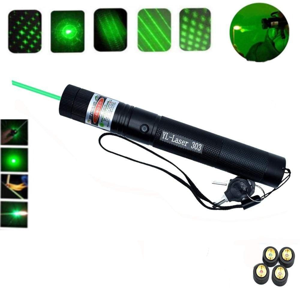 Grüner Laserpointer 303, hoher Leistung, 4 Kappen, Schwarz, für Präsentationen und Astronomie.