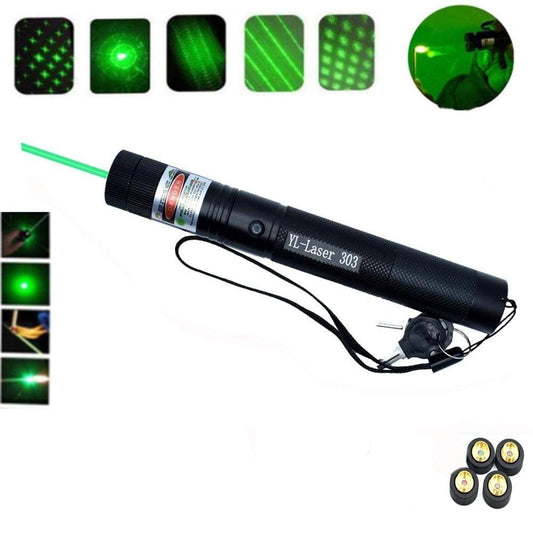 Grüner Laserpointer 303, hoher Leistung, 4 Kappen, Schwarz, für Präsentationen und Astronomie.