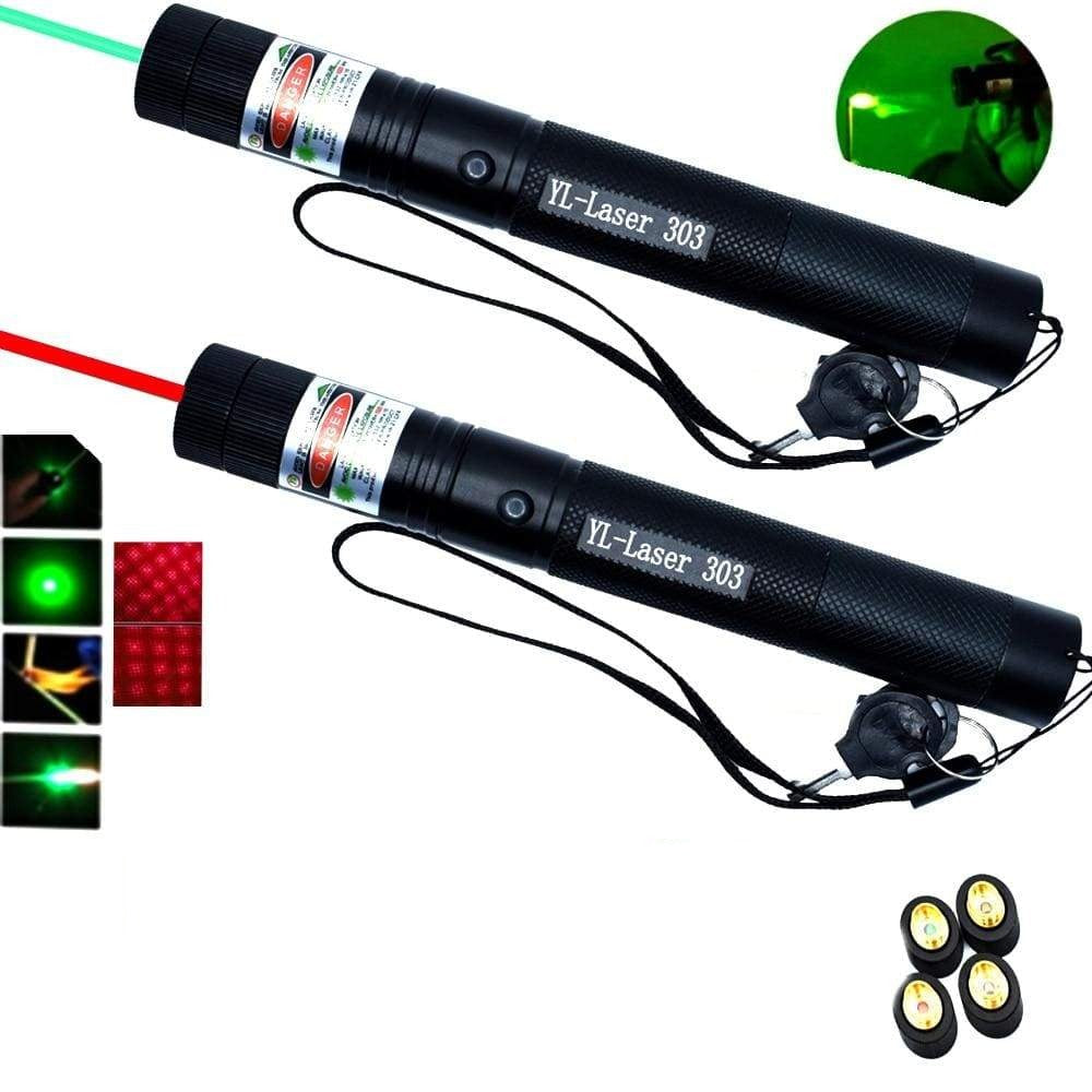 Zwei Laserpointer 303, schwarz, mit rotem und grünem Strahl, inklusive vier Aufsätze.