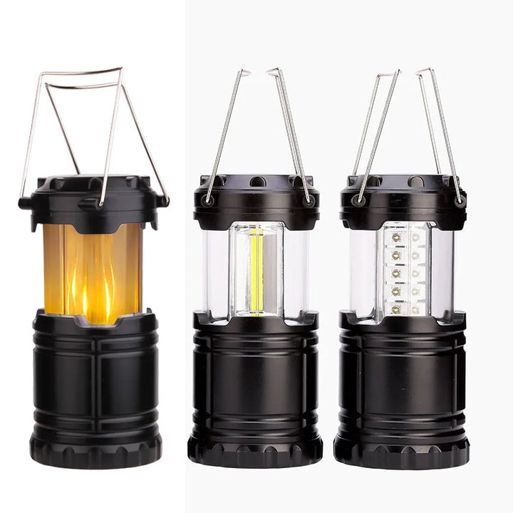 Schwarze LED-Campinglampe, tragbar, faltbar, mit warmem und weißem Licht, Outdoor-Ausrüstung.