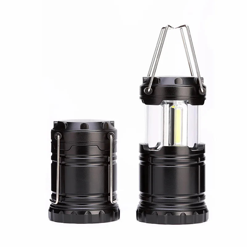 Schwarze LED-Campinglampe, tragbar, zusammenklappbar, Outdoor-Beleuchtung, robustes Design.