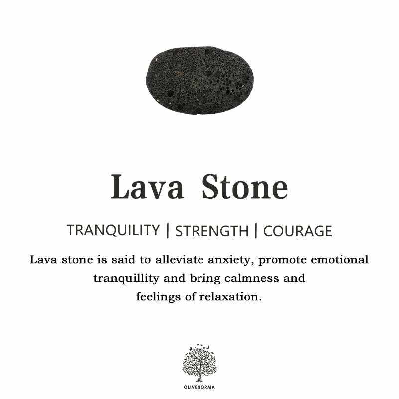 Schwarzer Lavastein, beruhigend, Stärke, Mut, emotionaler Ausgleich, Entspannung, Olivenbaum-Logo.
