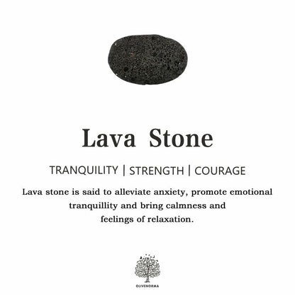 Schwarzer Lavastein, beruhigend, Stärke, Mut, emotionaler Ausgleich, Entspannung, Olivenbaum-Logo.