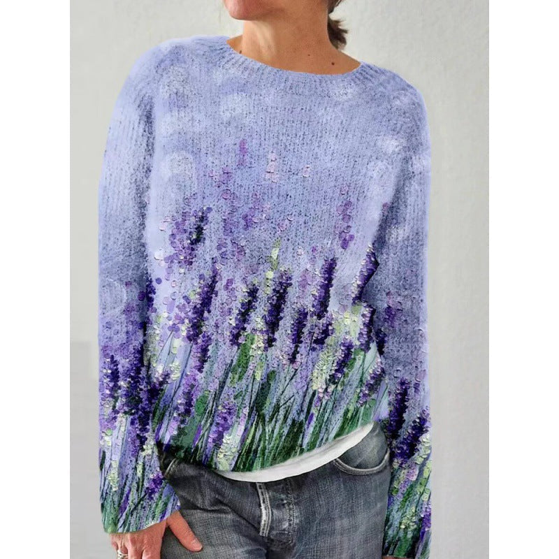 Damenpullover Lavendelmotiv, lila, Strick, lässig, modisch, bequem, Herbstmode.