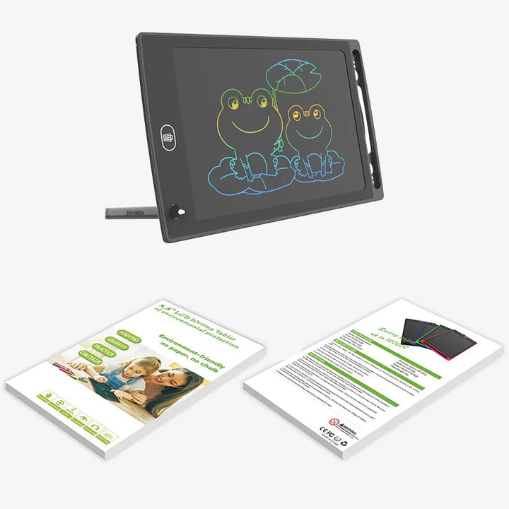 Schwarzes LCD-Schreibtablett mit Stift, ideal für Kinderzeichnungen und Notizen.