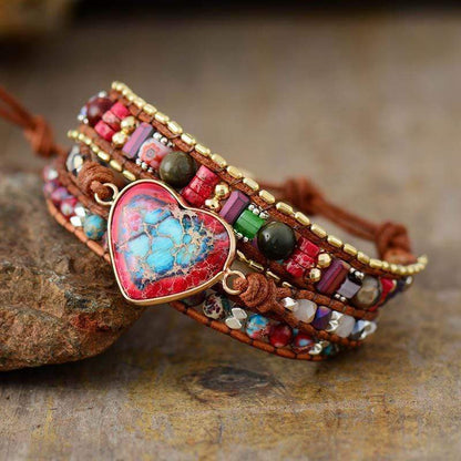Boho Wickelarmband mit Herzanhänger, Jaspis, bunte Perlen, handgefertigt, Lederband.