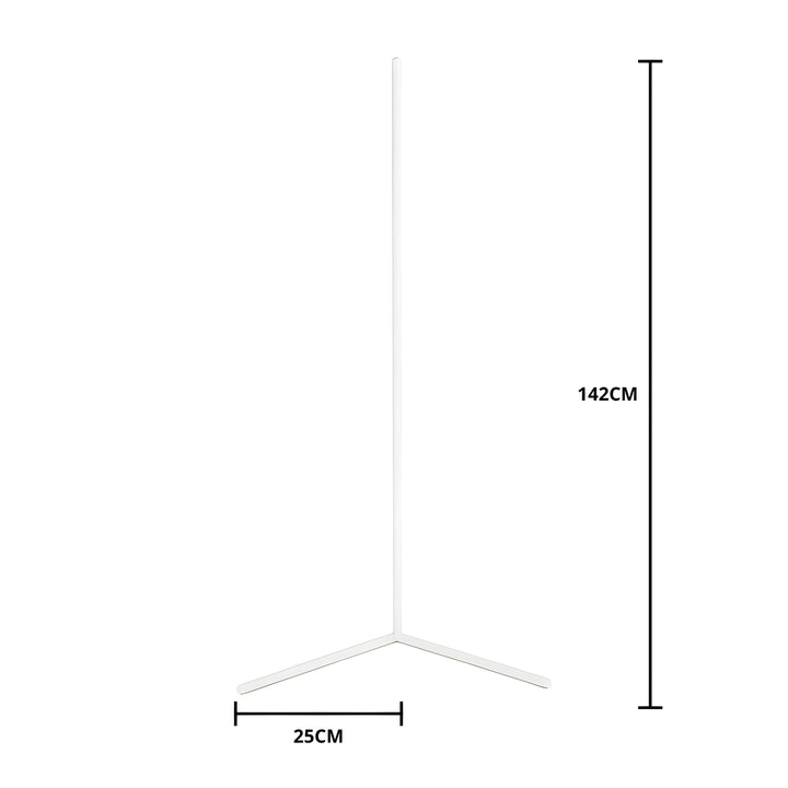 Bílá rohová lampa s kótami rozměrů, výška 142 cm a rameno podstavce 25 cm. 10