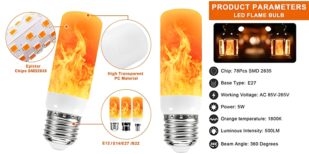 LED Flammenlampe E27, 5W, 1800K, 500LM, SMD 2835, energiesparend, dekorativ, warmweiß.
