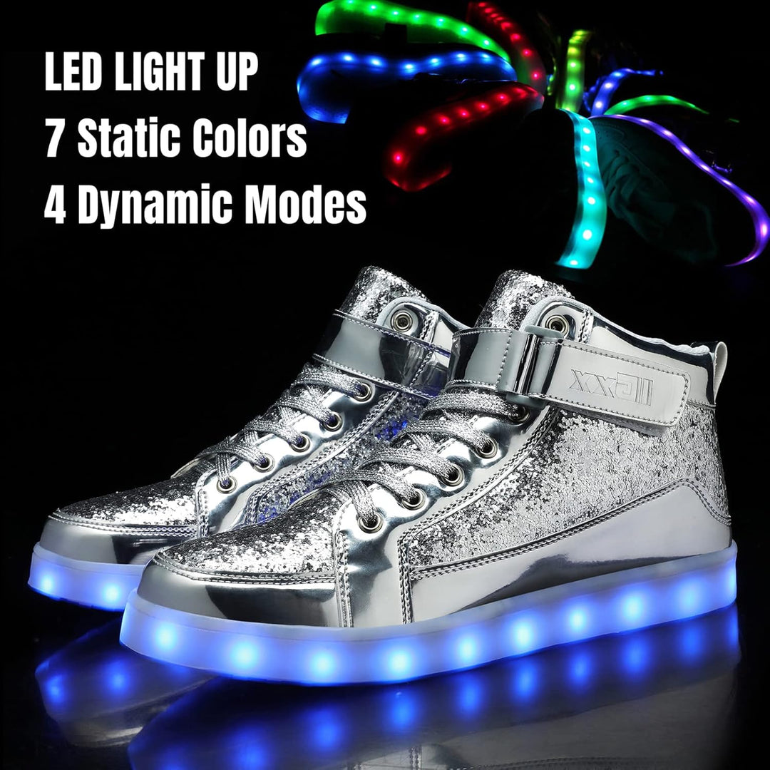 Silberne LED-Sneaker mit leuchtender Sohle, 7 Farben, 4 Modi, modische Schuhe.