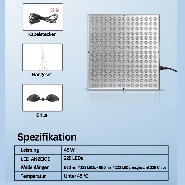LED-Lichttherapiegerät, 225 LEDs, 45W, mit Kabelstecker, Hängeset, Schutzbrille, silber.