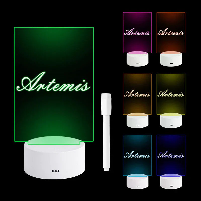 LED-Namensschild "Artemis", mehrfarbig, personalisierbar, mit Stift, ideal als Nachtlicht.