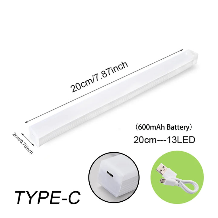 LED-Lichtleiste 20cm, 13 LEDs, USB-Typ-C, wiederaufladbar, 600mAh Akku, weiß.