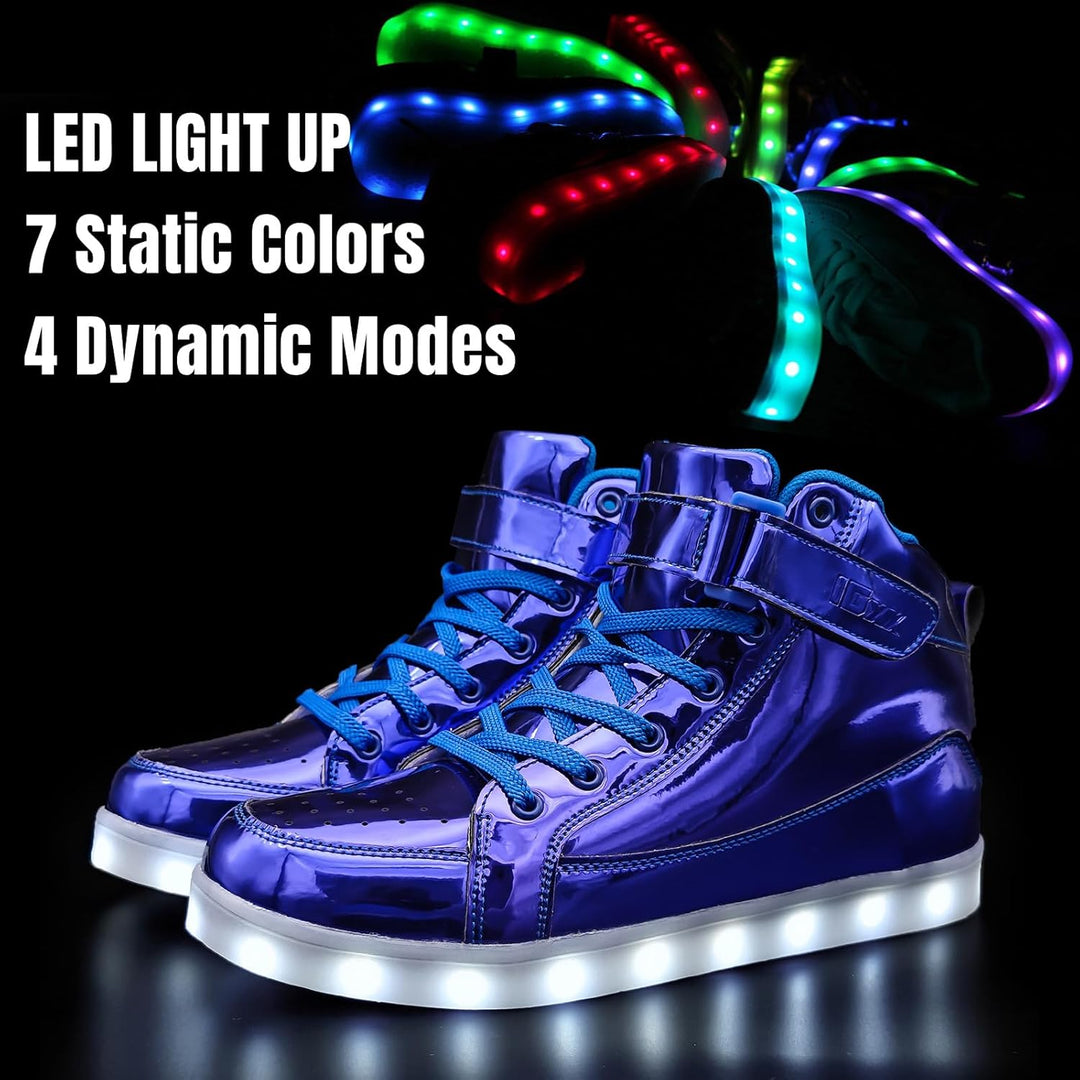 Blaue LED-Sneaker mit leuchtenden Sohlen, 7 statische Farben, 4 dynamische Modi.