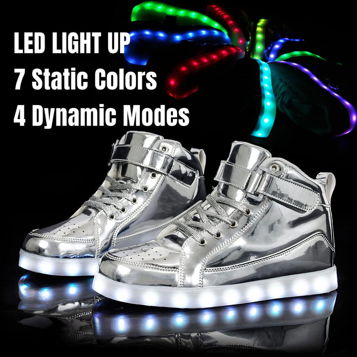 Silberne LED-Sneaker mit leuchtender Sohle, 7 Farben, 4 Modi, modische Schuhe.