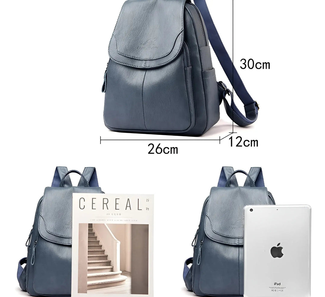 Dunkelblauer Lederrucksack, 30x26x12 cm, modisch, ideal für Alltag und Reisen.