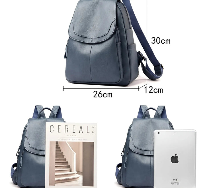 Dunkelblauer Lederrucksack, 30x26x12 cm, modisch, ideal für Alltag und Reisen.