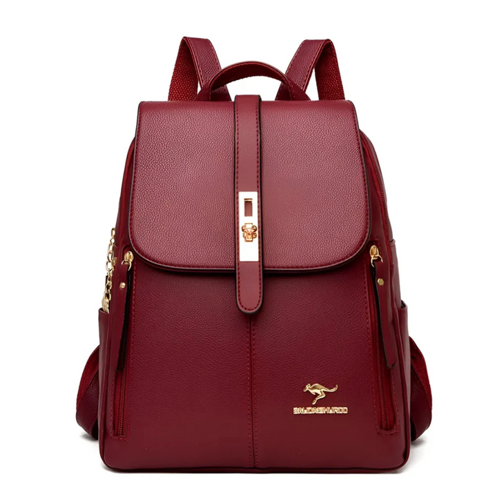 Roter Damenrucksack aus Leder, elegant, mit goldenen Details, modisch, vielseitig einsetzbar.