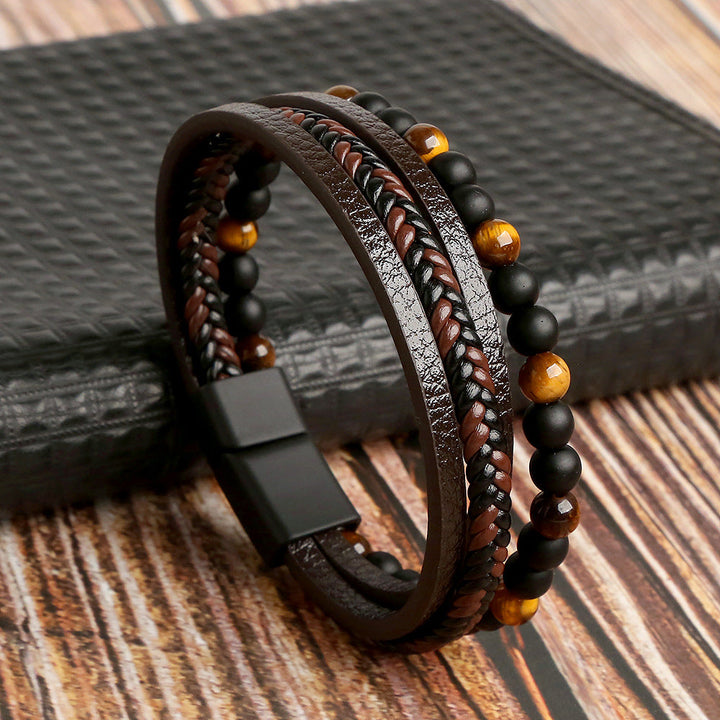 Braunes Lederarmband mit schwarzen Perlen, geflochtenem Design, Magnetverschluss, Herrenmode.