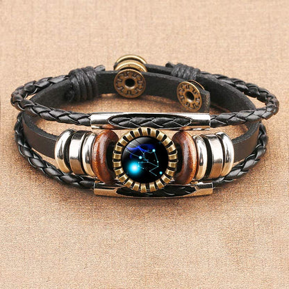 Schwarzes Lederarmband mit Sternzeichen-Anhänger, Vintage-Stil, verstellbar, Unisex.
