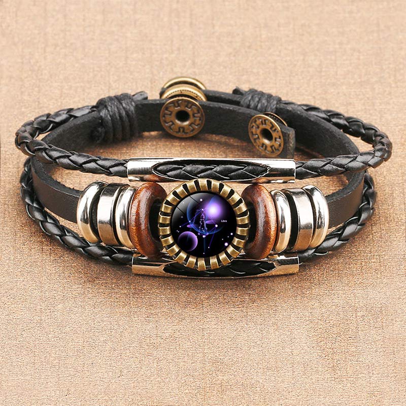 Schwarzes Lederarmband mit Sternzeichen-Anhänger, verstellbar, modisch, Unisex-Schmuck.