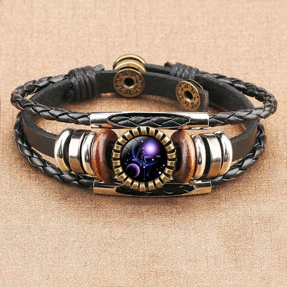 Schwarzes Lederarmband mit Sternzeichen-Anhänger, verstellbar, modisch, Unisex-Schmuck.
