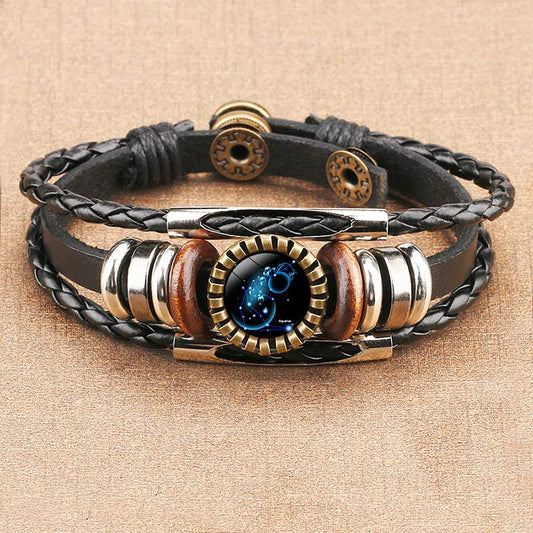 Vintage Lederarmband mit Sternzeichen-Design, geflochten, braun und schwarz, Unisex-Schmuck.