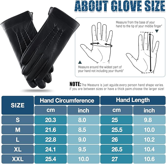 Schwarze Lederhandschuhe, Größentabelle, Herren, Winter, warm, stilvoll, handgefertigt.
