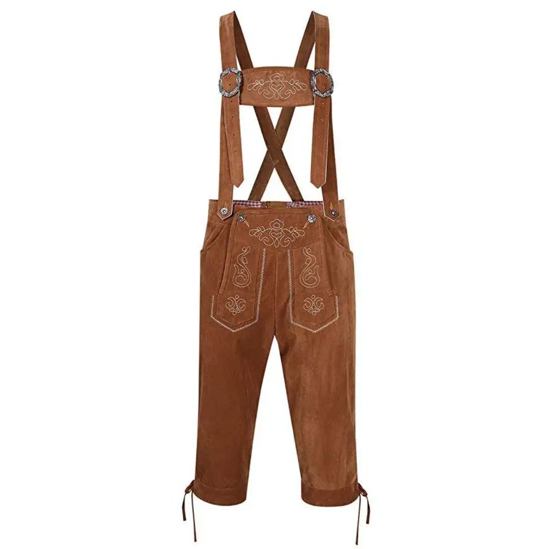 Braune Lederhose mit Hosenträgern, Stickerei, traditionell, Trachtenmode, Herrenbekleidung.