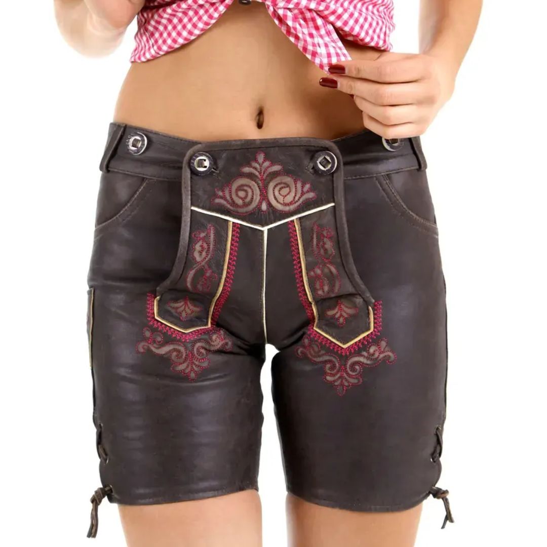 Damen Lederhose, braun, bestickt, Trachtenmode, traditionell, Oktoberfest, bayerische Kleidung