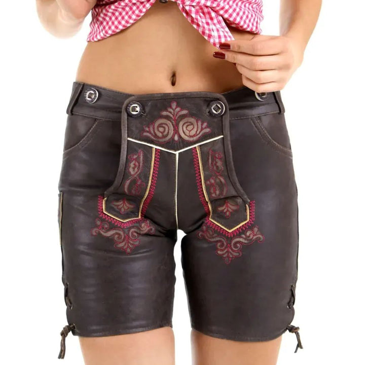 Damen Lederhose, braun, bestickt, Trachtenmode, traditionell, Oktoberfest, bayerische Kleidung