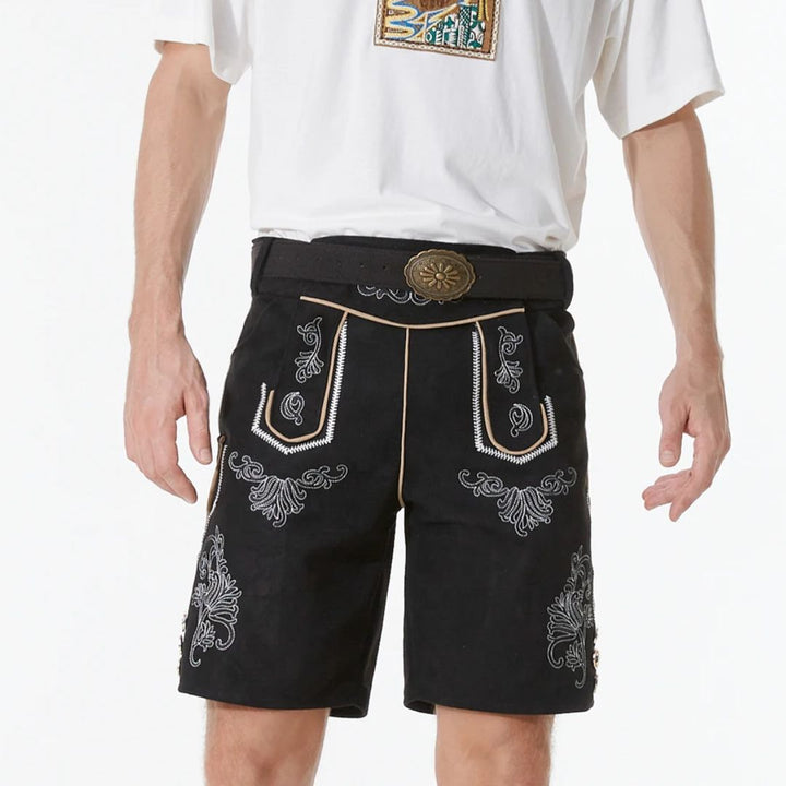 Schwarze Herren-Lederhose mit Stickerei, traditionell, Trachtenmode, Oktoberfest-Bekleidung.