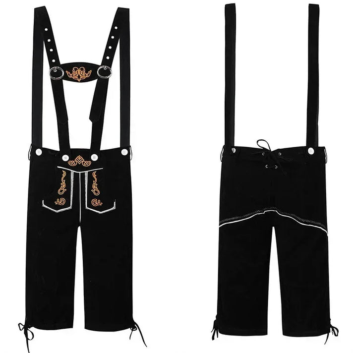 Schwarze Lederhose mit Hosenträgern, Stickerei, traditionell, Trachtenmode, Herrenbekleidung.
