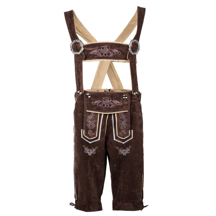 Braune Lederhose mit Hosenträgern, traditionelles bayerisches Trachtenoutfit, Stickereien.