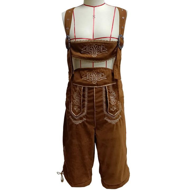 Braune Lederhose mit Hosenträgern, traditionelles bayerisches Trachtenoutfit, Stickereien.