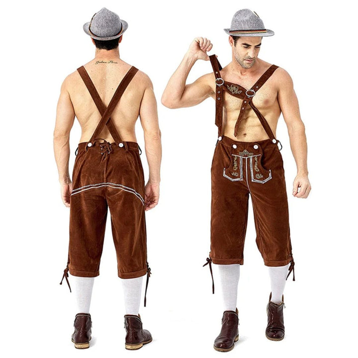 Männer in brauner Lederhose, Trachtenmode, Oktoberfest, traditionell, Hut, Hosenträger.