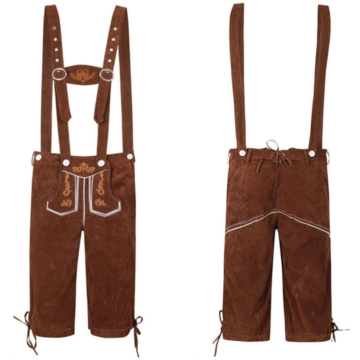 Braune Lederhose mit Hosenträgern, traditionell, bestickt, bayerische Tracht, Herrenmode.