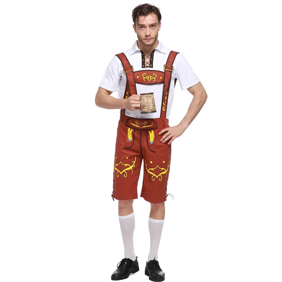 Mann in brauner Lederhose mit weißem Hemd und Bierkrug, bayerische Tracht, Oktoberfest-Outfit.