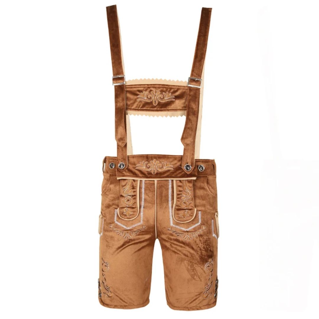 Braune Lederhose mit Hosenträgern, Stickerei, traditionell, Oktoberfest, Herrenmode.