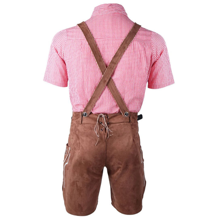 Rückansicht Lederhose Herren, braun, mit Hosenträgern, kariertes Hemd, Oktoberfest Outfit