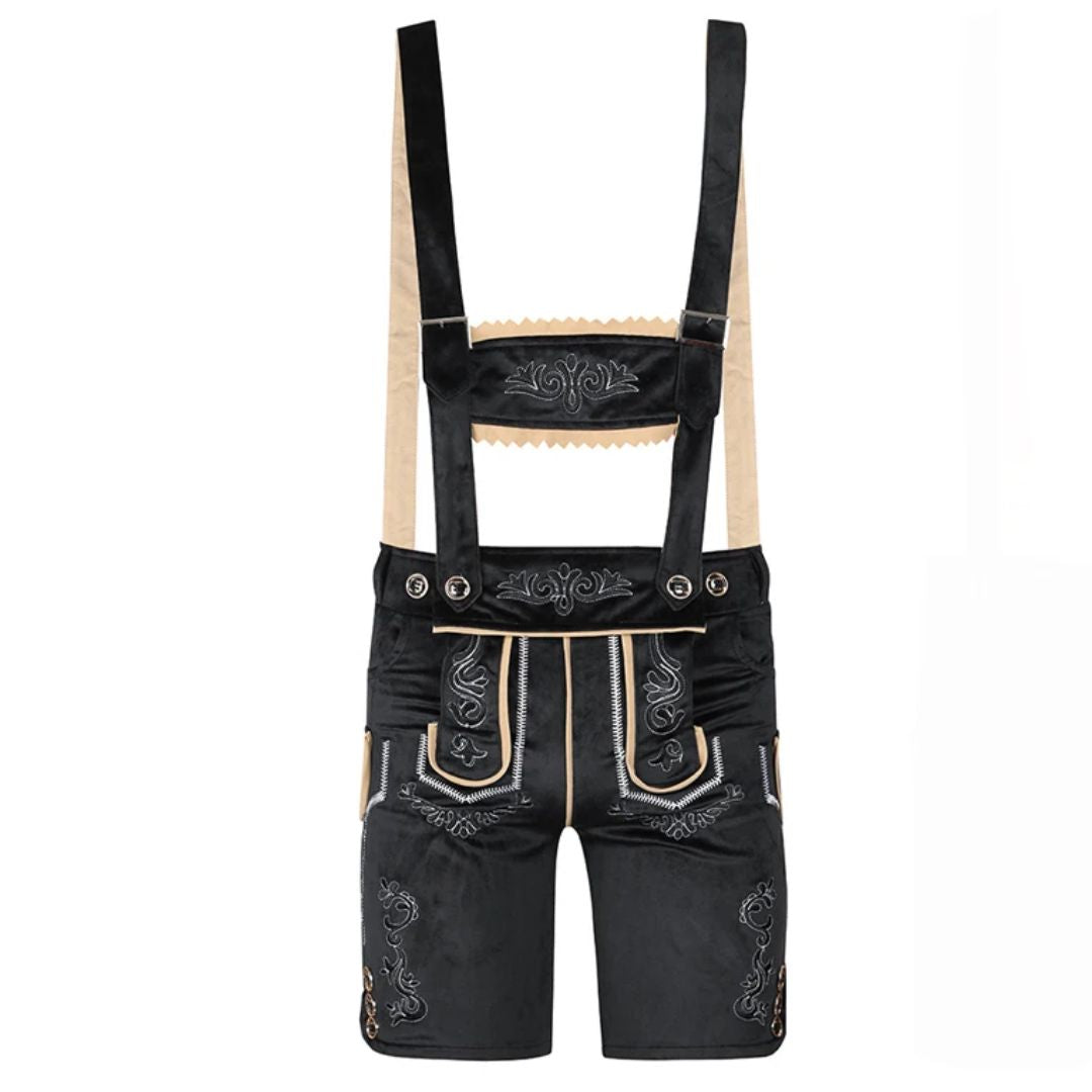 Schwarze Lederhose mit Hosenträgern, Stickerei, traditionell, Trachtenmode, Herrenbekleidung.