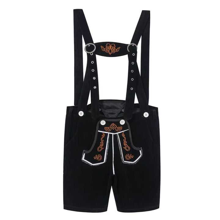 Schwarze Lederhose mit Hosenträgern, Stickerei, traditionell, Trachtenmode, Herrenmode.
