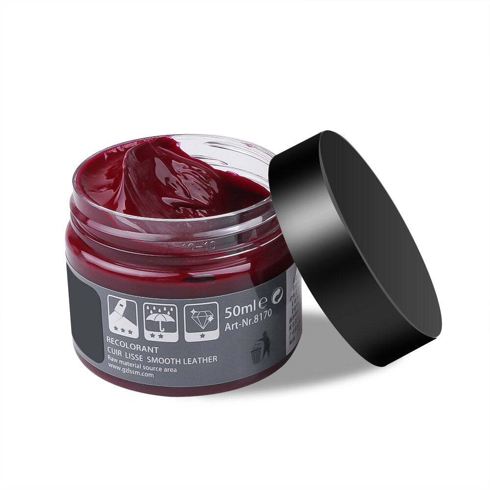 Rote Lederfarbe 50ml, Glattleder, Schuhpflege, Farbwiederherstellung, offene Dose.