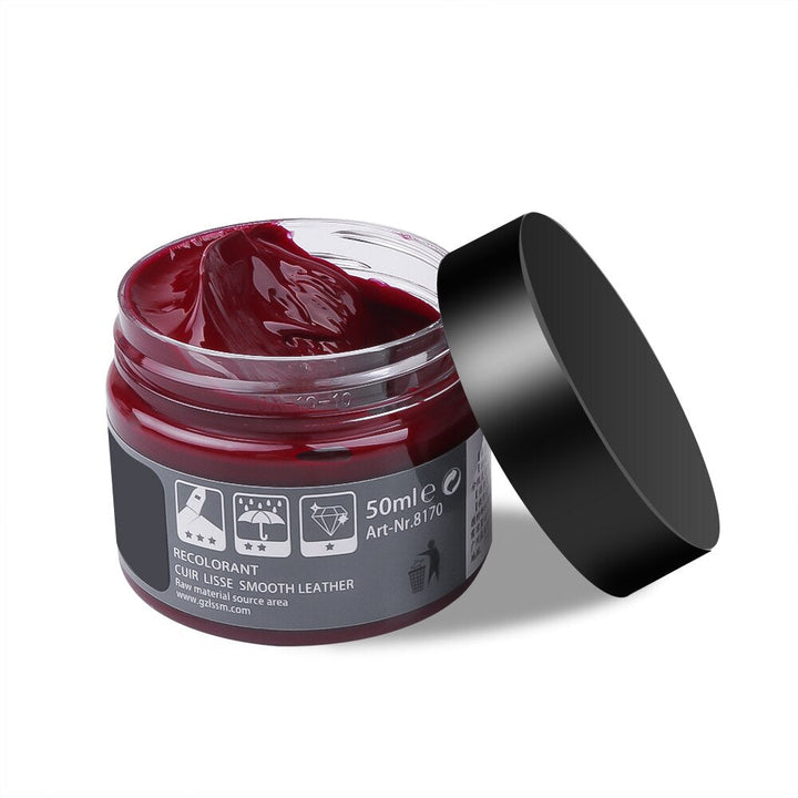 Rote Lederfarbe 50ml, Glattleder, Schuhpflege, Farbwiederherstellung, offene Dose.