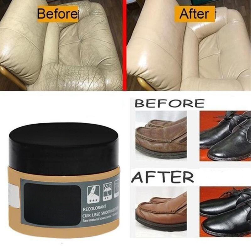 Lederpflegecreme für Möbel und Schuhe, Vorher-Nachher-Effekt, Glättung, Farbauffrischung.