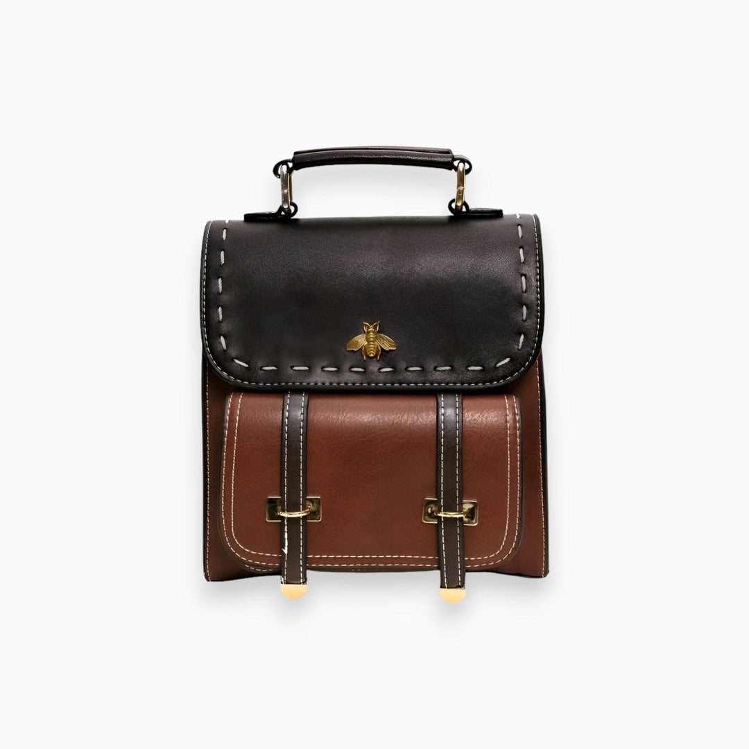 Brauner und schwarzer Lederrucksack mit Bienenemblem, Vintage-Stil, modisch, hochwertig.