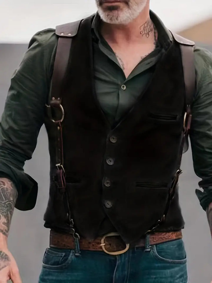Mann mit schwarzer Lederweste, grünes Hemd, Jeans, modisch, lässiger Stil.