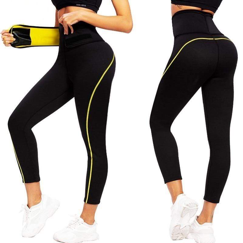 Schwarze Shapewear-Leggings mit gelbem Streifen, hoher Taille, Bauchkontrolle, Damenmode.
