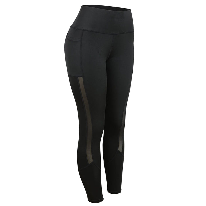 Schwarze Anti-Cellulite-Leggings mit Taschen, hoher Bund, Mesh-Einsätze, Damenmode.